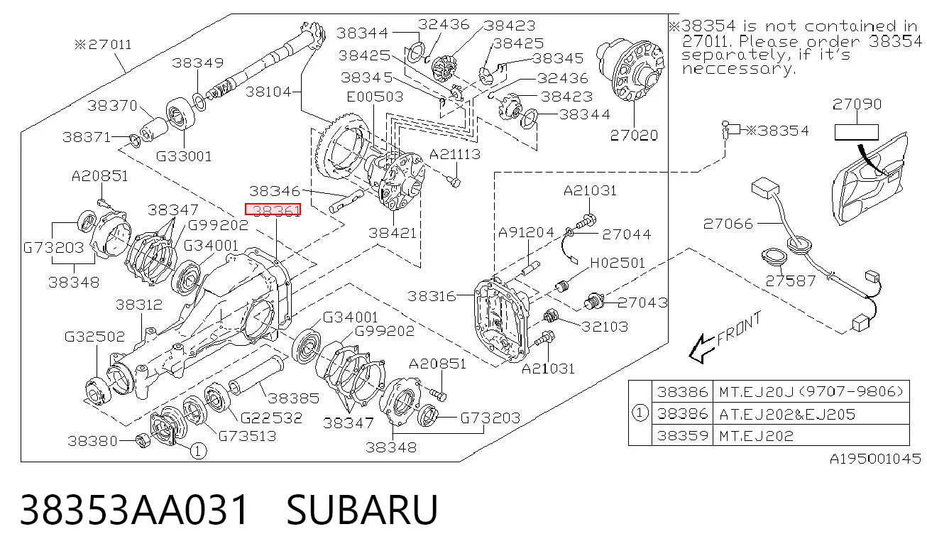 38353AA031 Subaru Junta del diferencial trasero
