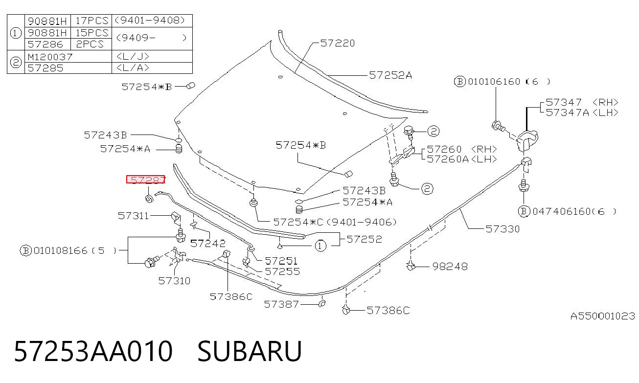 57253AA010 Subaru Fijador del soporte del capó