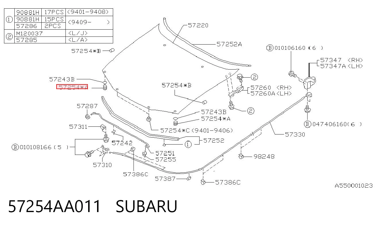 57254AA011 Subaru Tope del capó