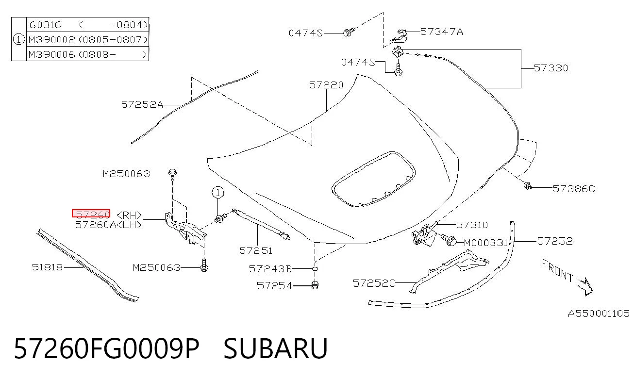 57260FG0009P Subaru Bisagra de capot derecha