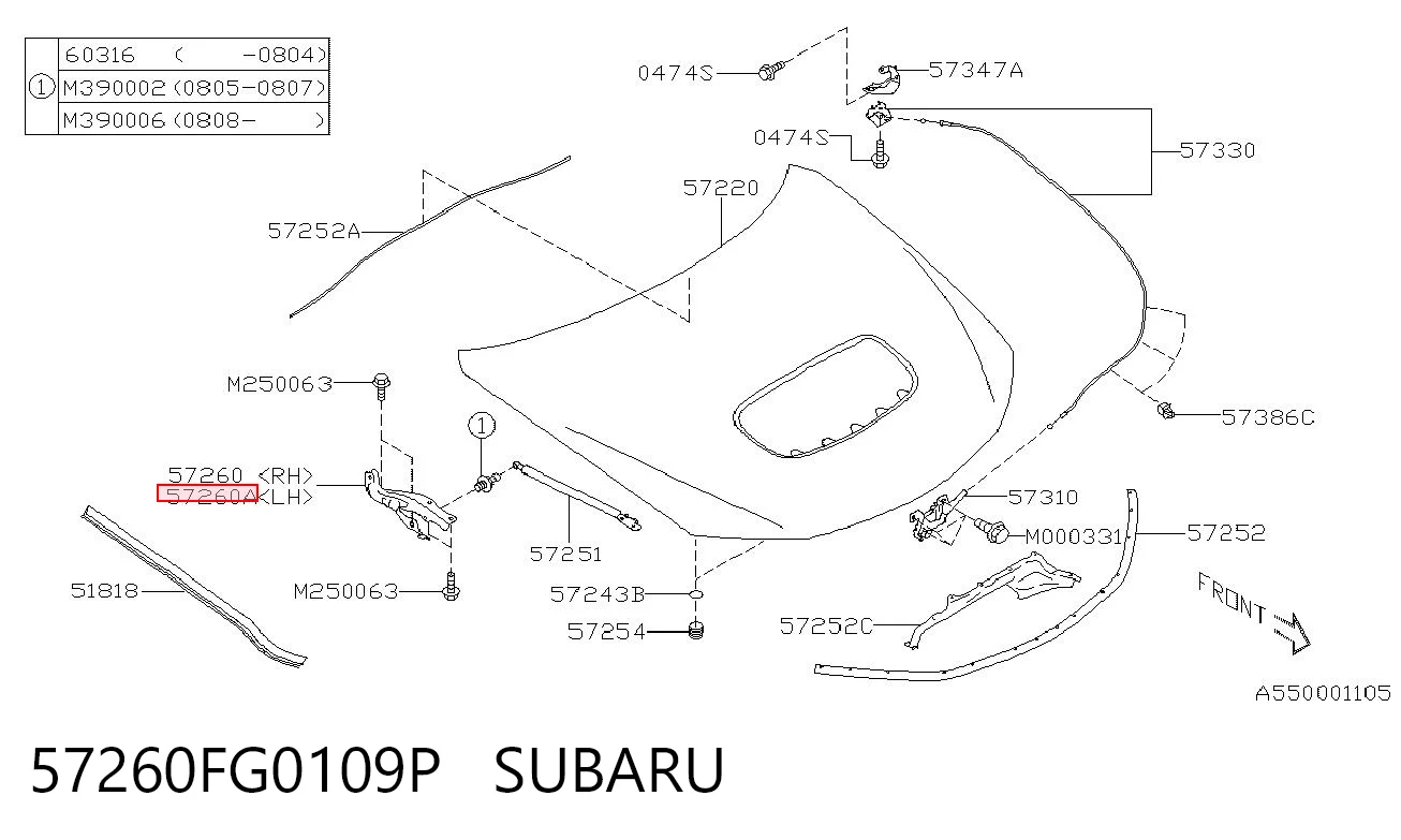 57260FG0109P Subaru Bisagra de capot izquierda