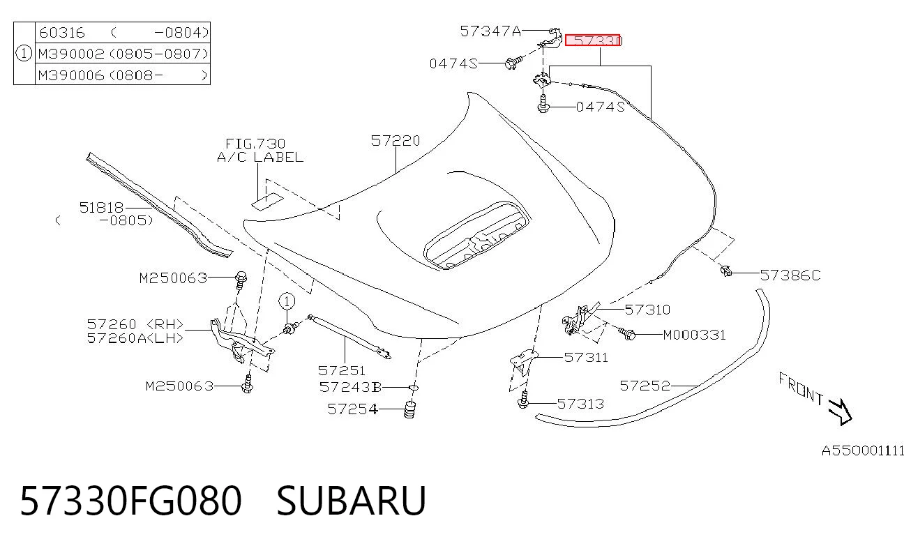 57330FG080 Subaru Cable de capó del motor