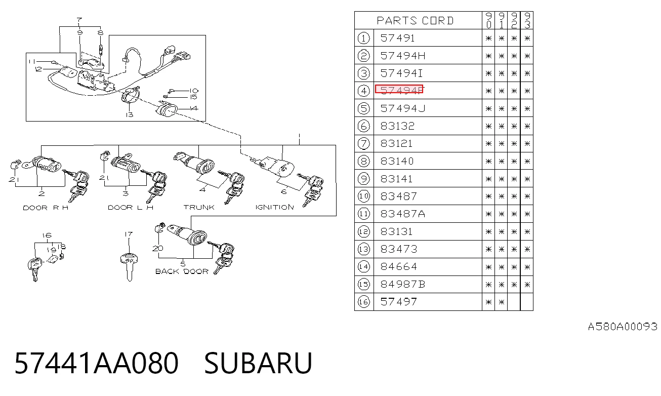 Cilindro de cierre, cerradura de porton Subaru Legacy II (1994-1999)