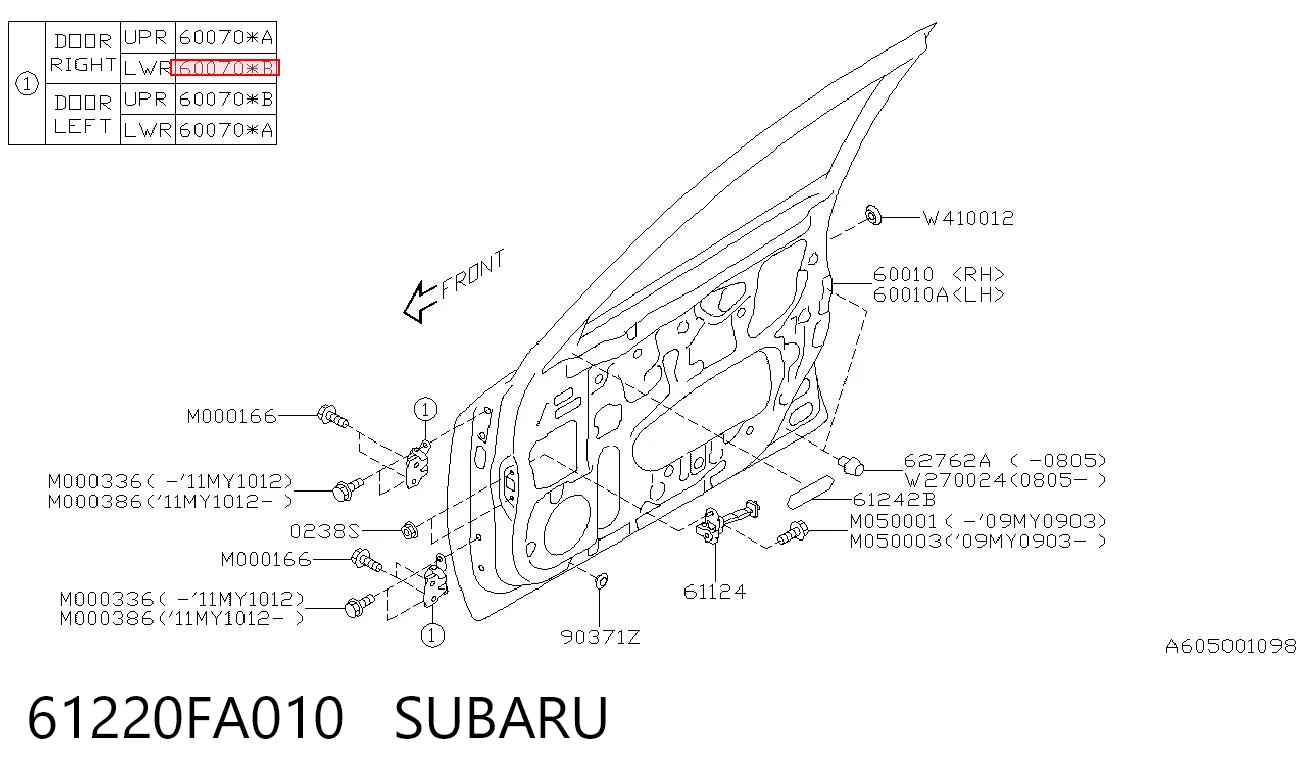 Bisagra de la puerta delantera derecha 61220FA010 SUBARU