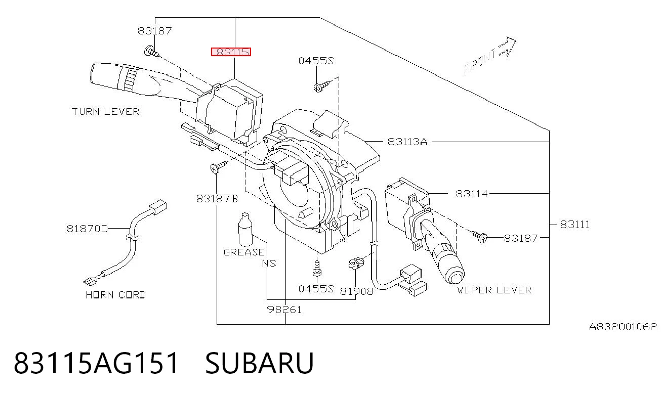 83115AG151 Subaru Conmutador izquierdo de la columna de dirección