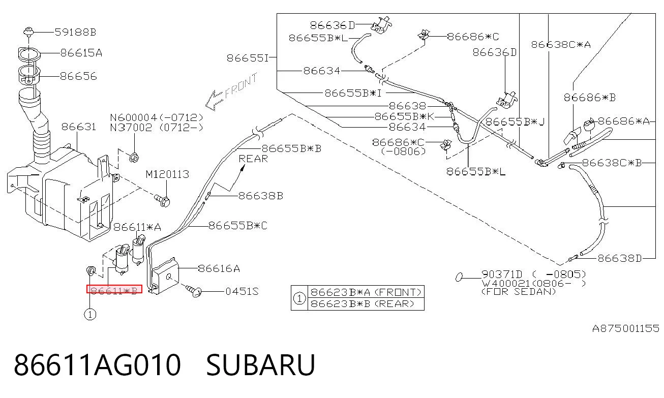 86611AG010 Subaru Bomba de agua de lavado, lavado de parabrisas, delantera