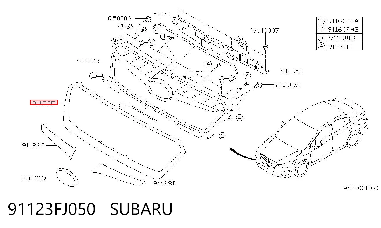 91123FJ050 Subaru Moldura de la rejilla del radiador