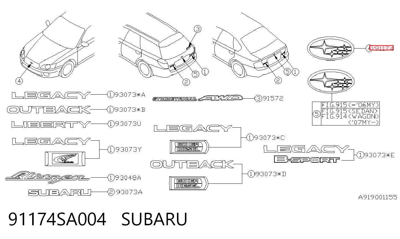 Emblema de la parrilla del radiador 91174SA004 SUBARU
