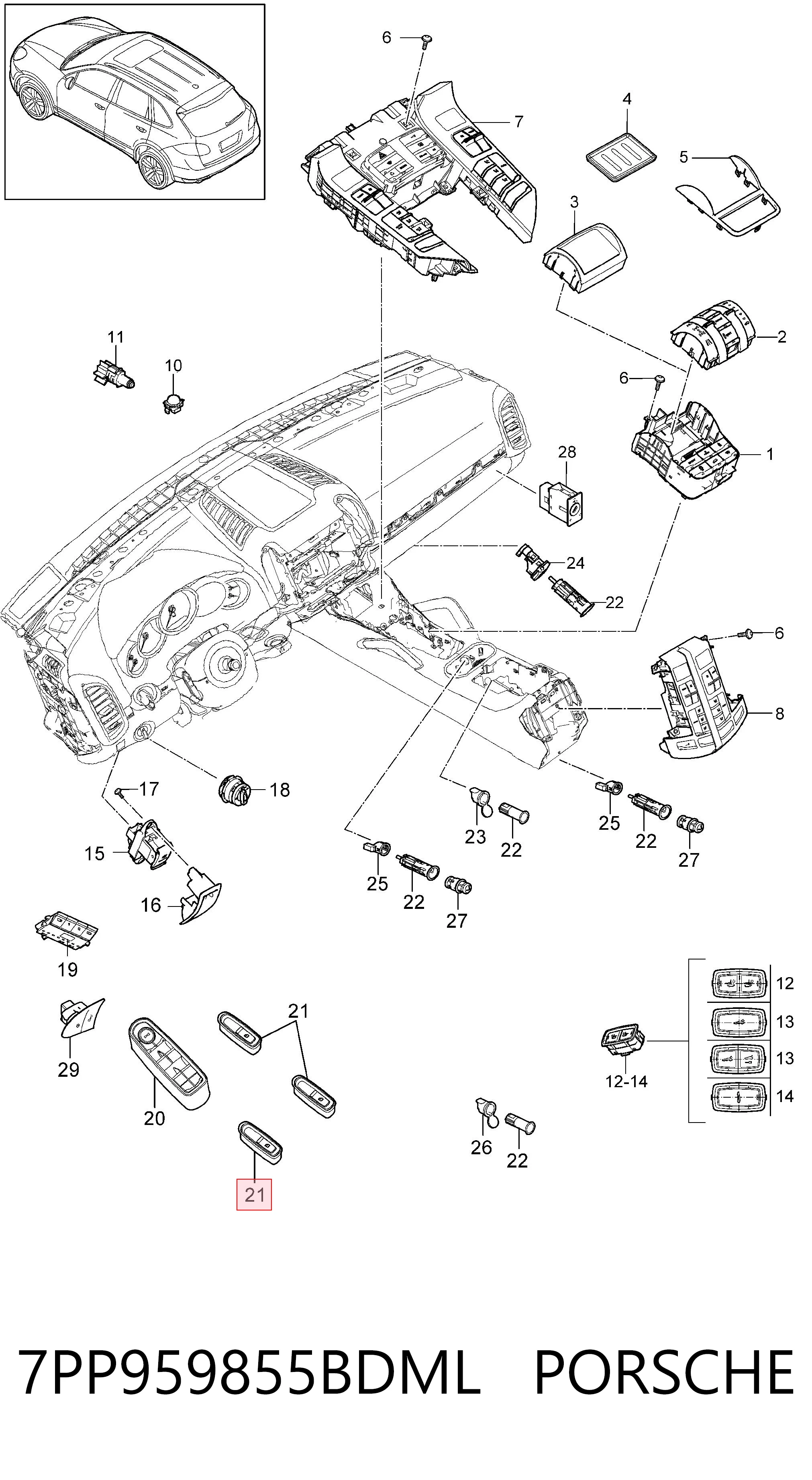 7PP959855BDML Porsche Botón de encendido, motor eléctrico, elevalunas, puerta delantera derecha