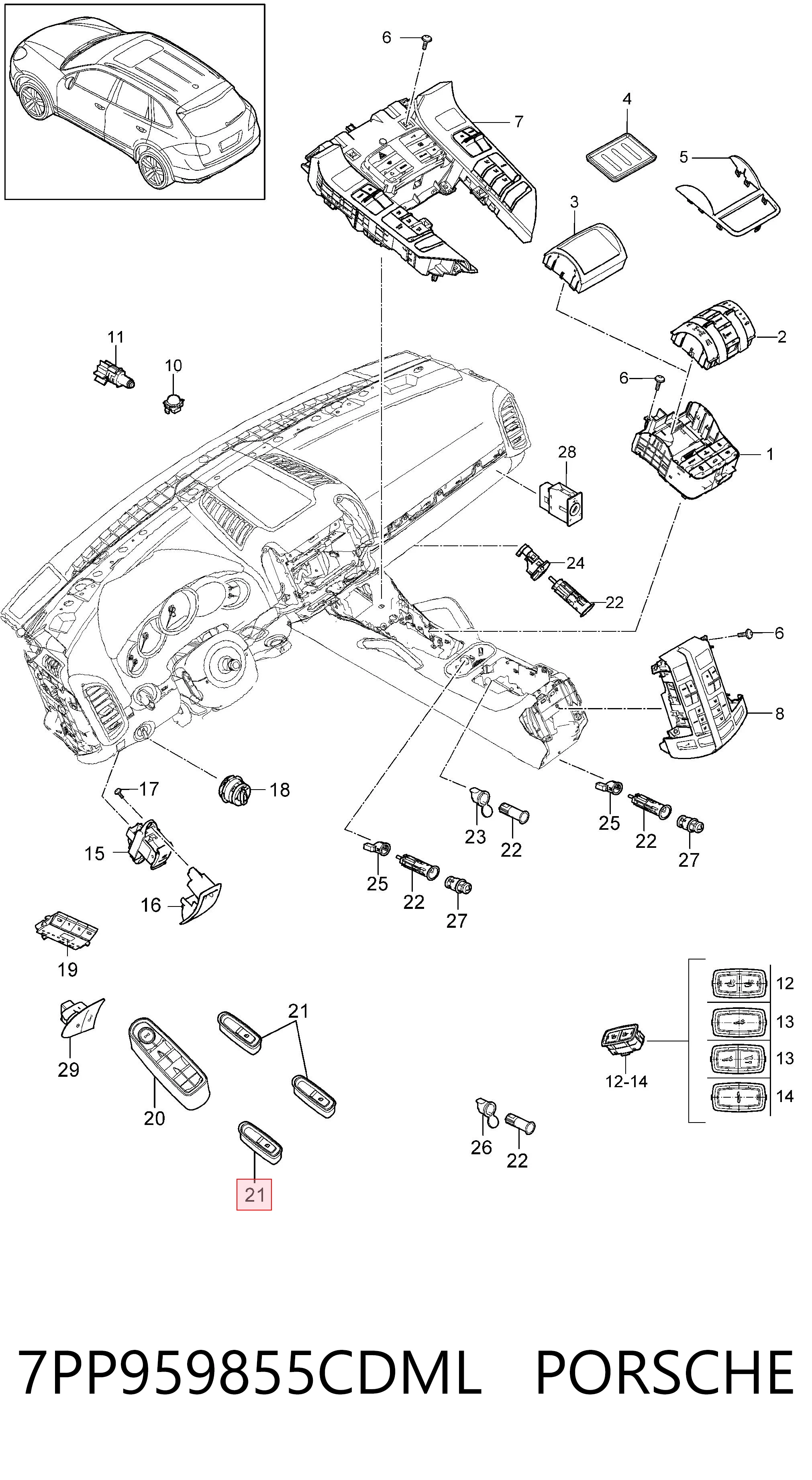7PP959855CDML Porsche Botón de encendido, motor eléctrico, elevalunas, puerta delantera derecha