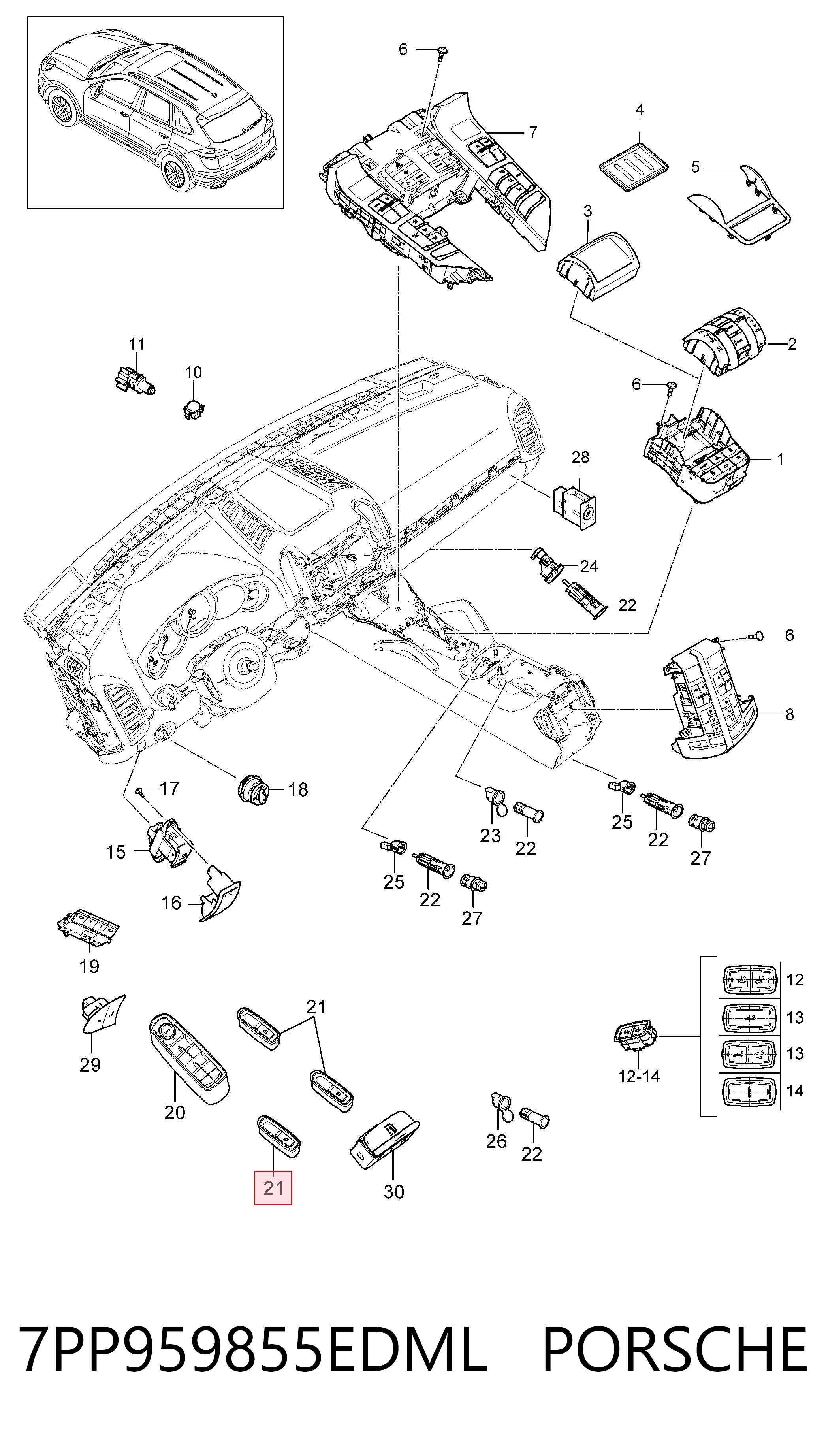 7PP959855EDML Porsche Botón de encendido, motor eléctrico, elevalunas, puerta delantera derecha