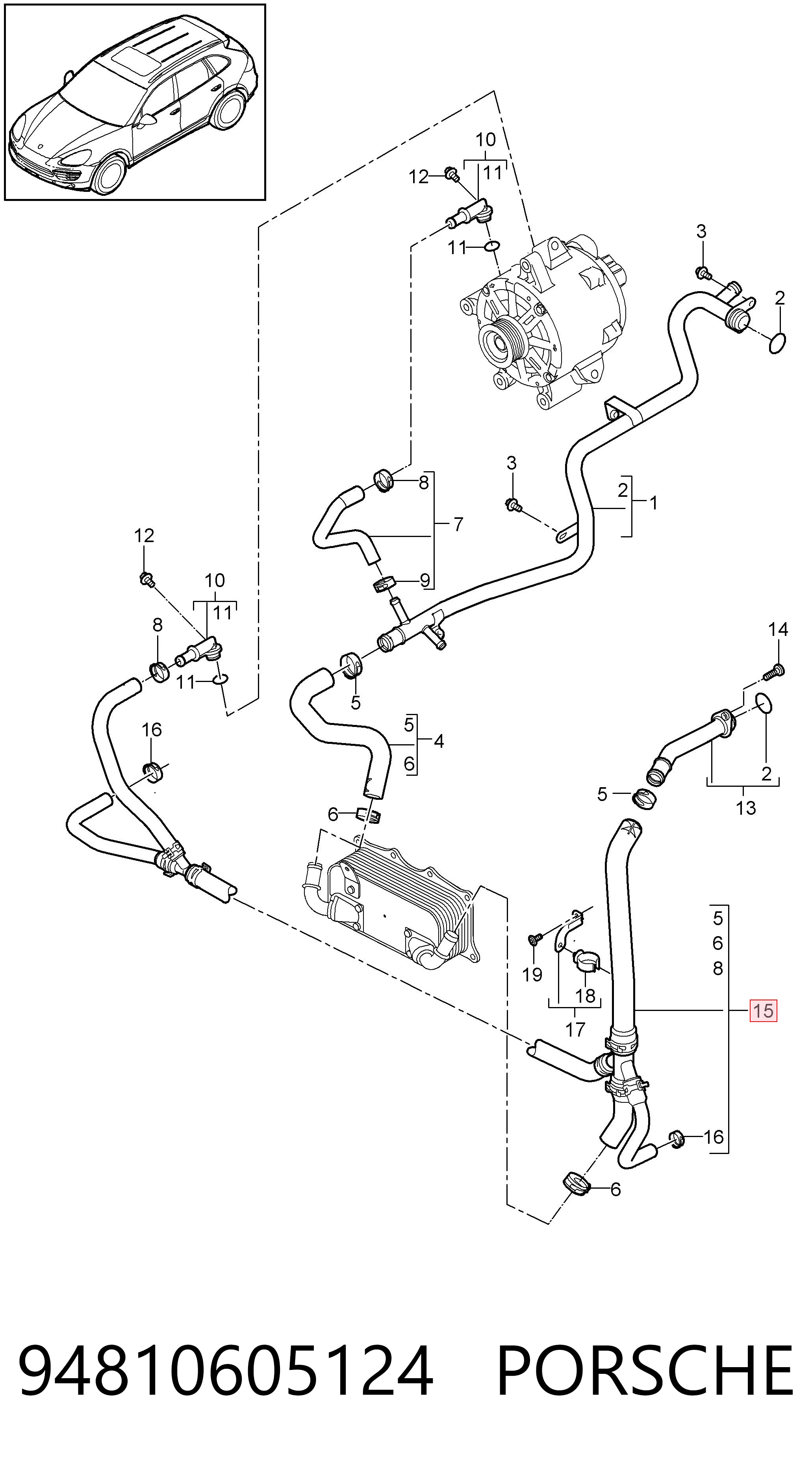 94810605124 Porsche Brida del sistema de refrigeración (triple unión)
