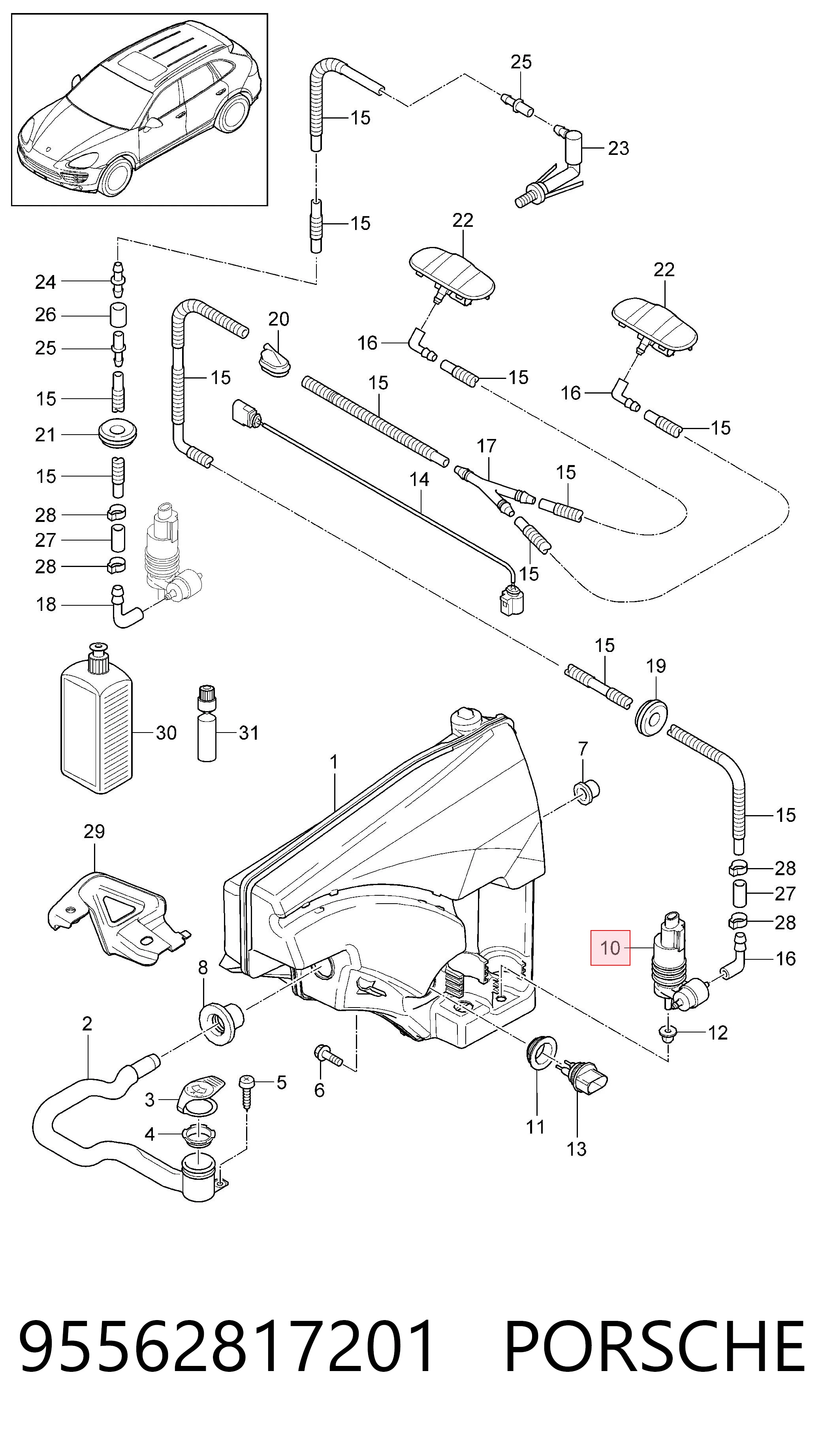 95562817201 Porsche Bomba de agua de lavado, lavado de parabrisas, delantera