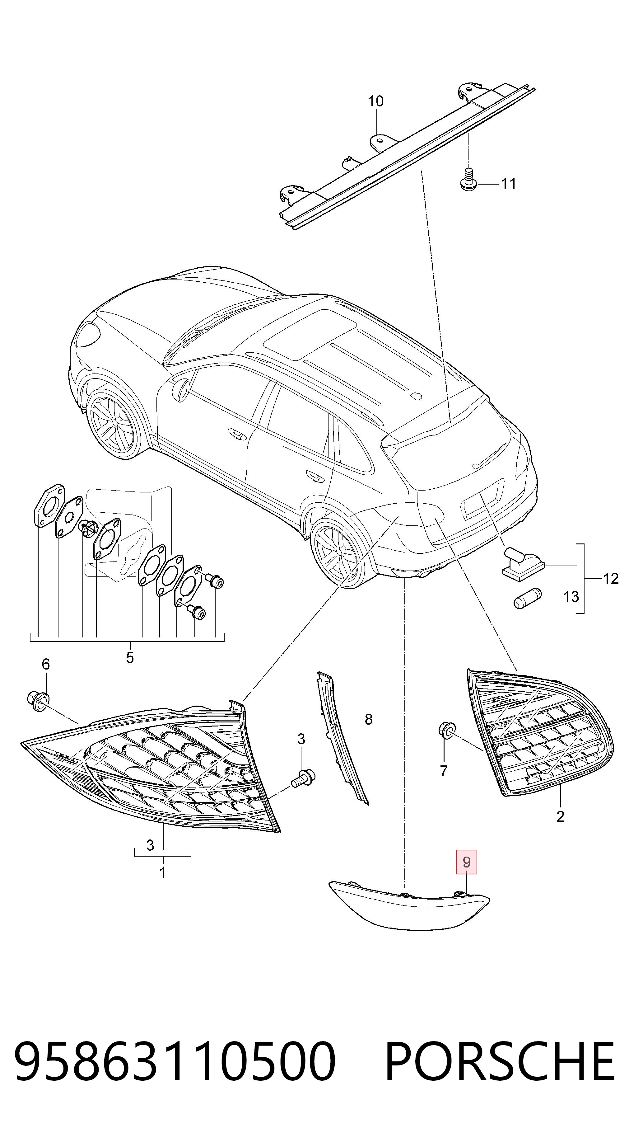 95863110500 Porsche Reflector, paragolpes trasero, izquierdo