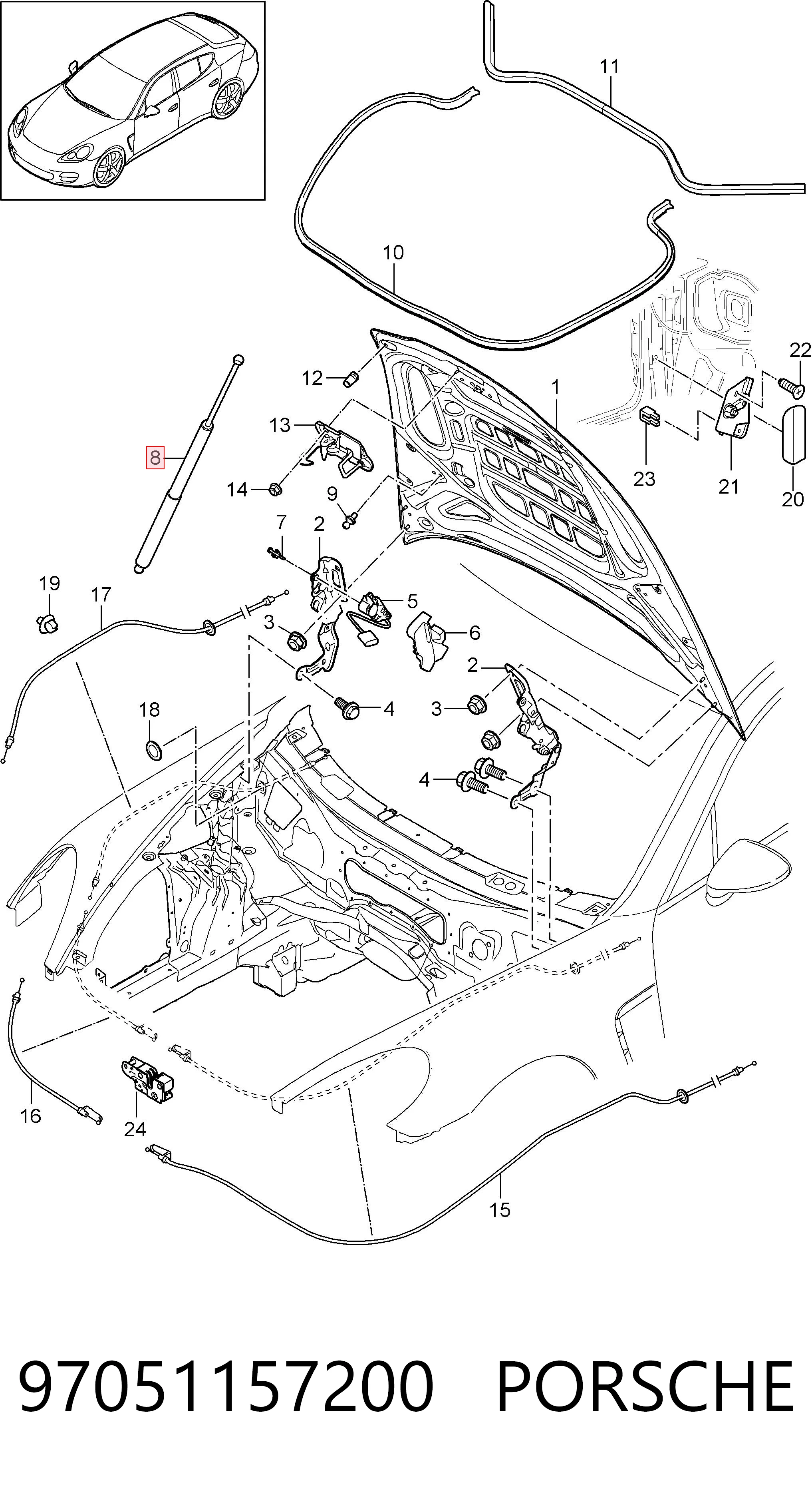 97051157200 Porsche Amortiguador de capó derecho