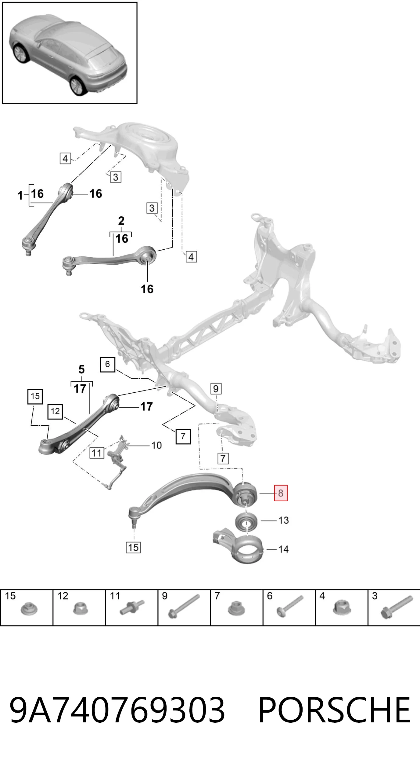 9A740769303 Porsche Brazo inferior izquierdo de la suspensión delantera
