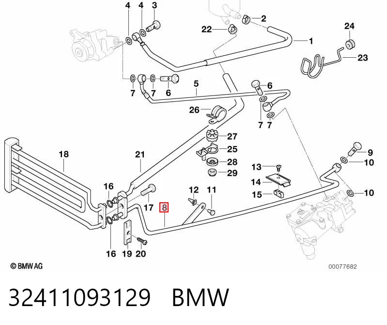 32411093129 BMW Manguera de baja presión de la dirección asistida, de la cremallera al radiador