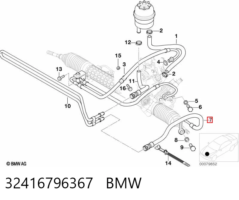 32416796367 BMW Manguera de baja presión de la dirección asistida, de la cremallera al radiador