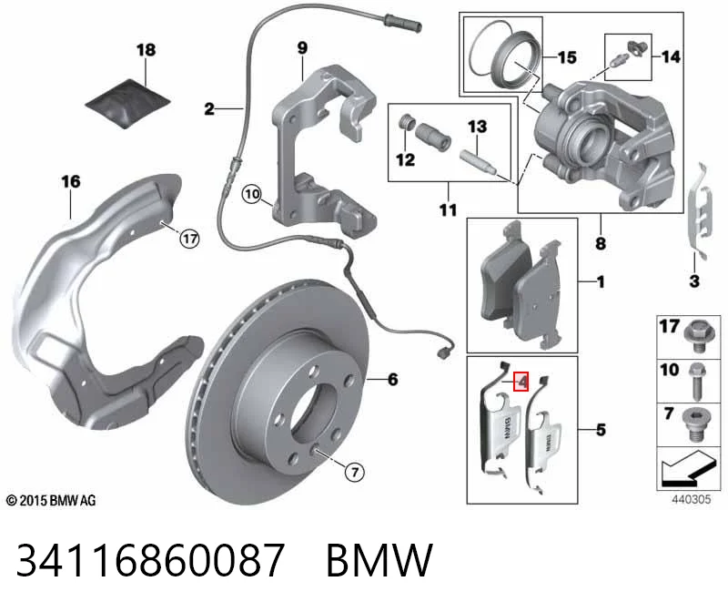 34116860087 BMW Juego de resortes de sujeción de pastillas de freno delanteras