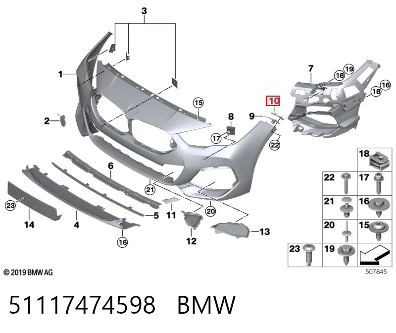 51117474598 BMW Guía derecha del parachoques delantero