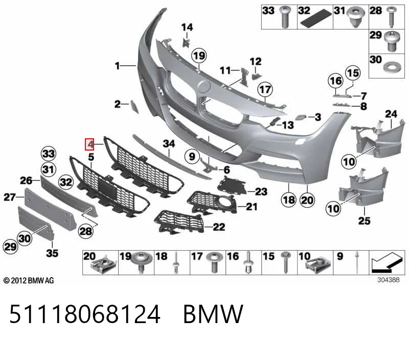 51118068124 BMW Rejilla de ventilación, parachoques delantero, central