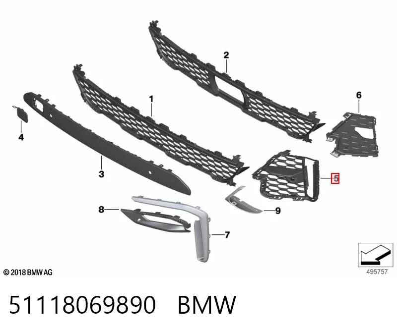 51118069890 BMW Rejilla inferior del parachoques delantero