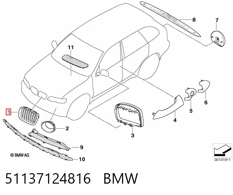 51137124816 BMW Rejilla derecha del radiador
