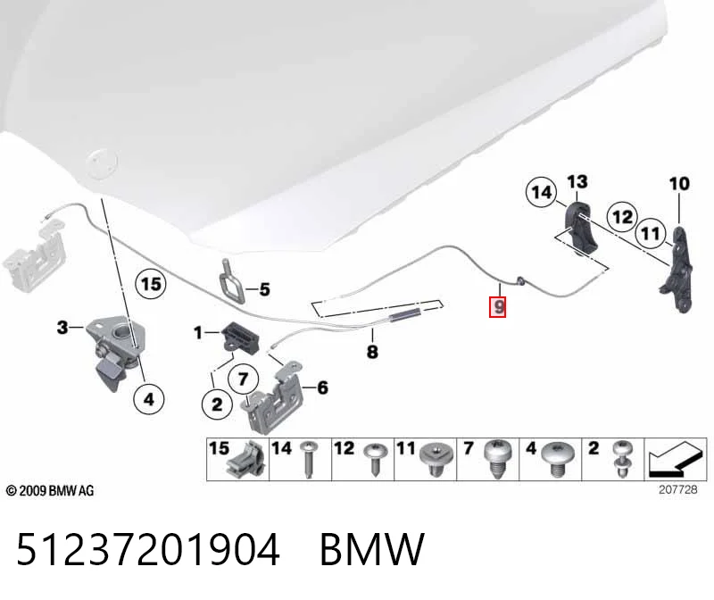51237201904 BMW Cable de apertura del capó trasero