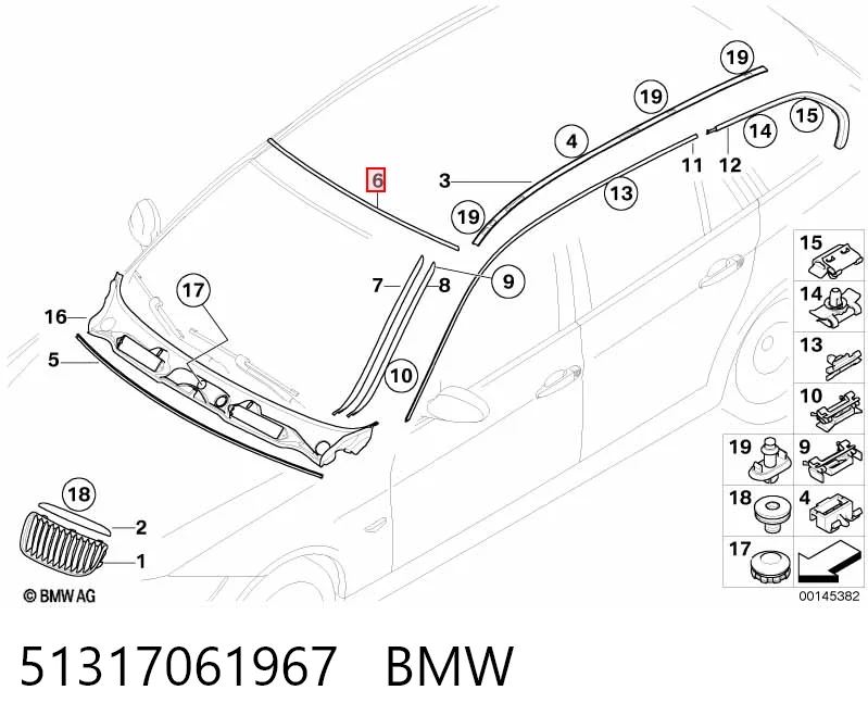 51317061967 BMW Moldura superior del parabrisas