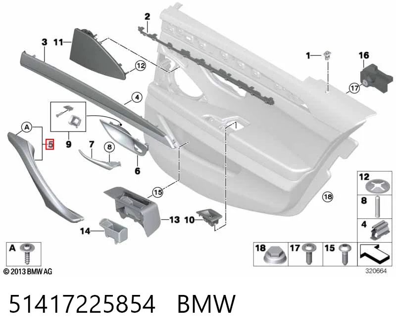 51417225854 BMW Manija interior derecha delantera/trasera de puerta