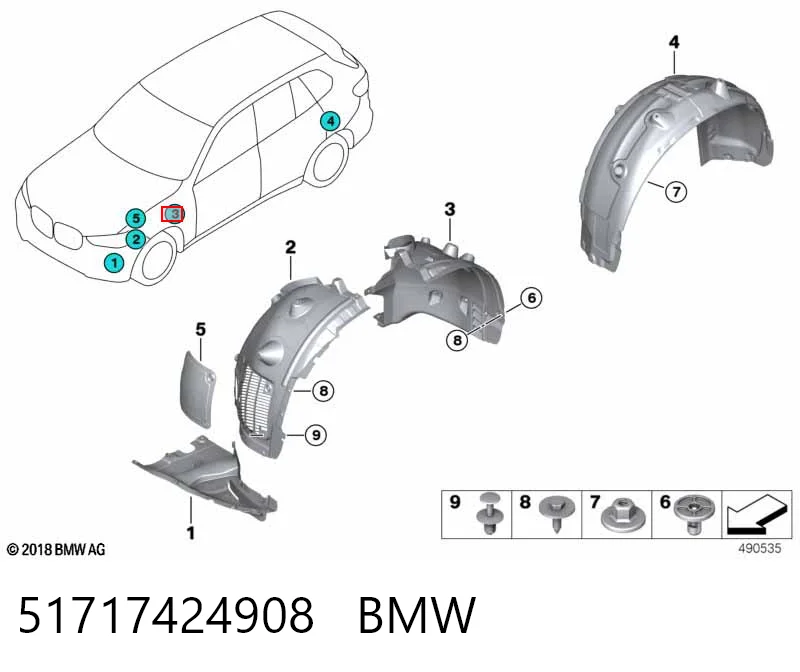 51717424908 BMW Guardabarros interior trasero derecho del guardafango delantero
