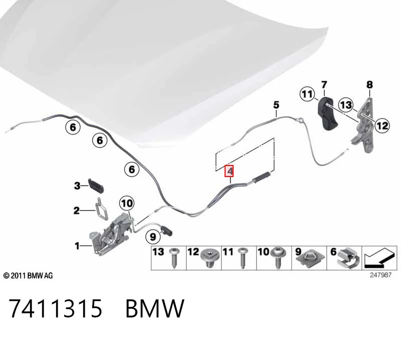 7411315 BMW Cable de apertura del capó delantero